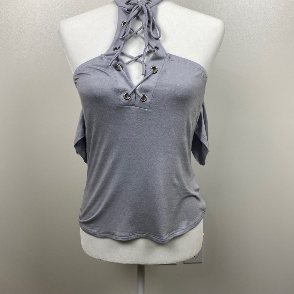 NWOT ESTAM gray lace up choker cold shoulder top